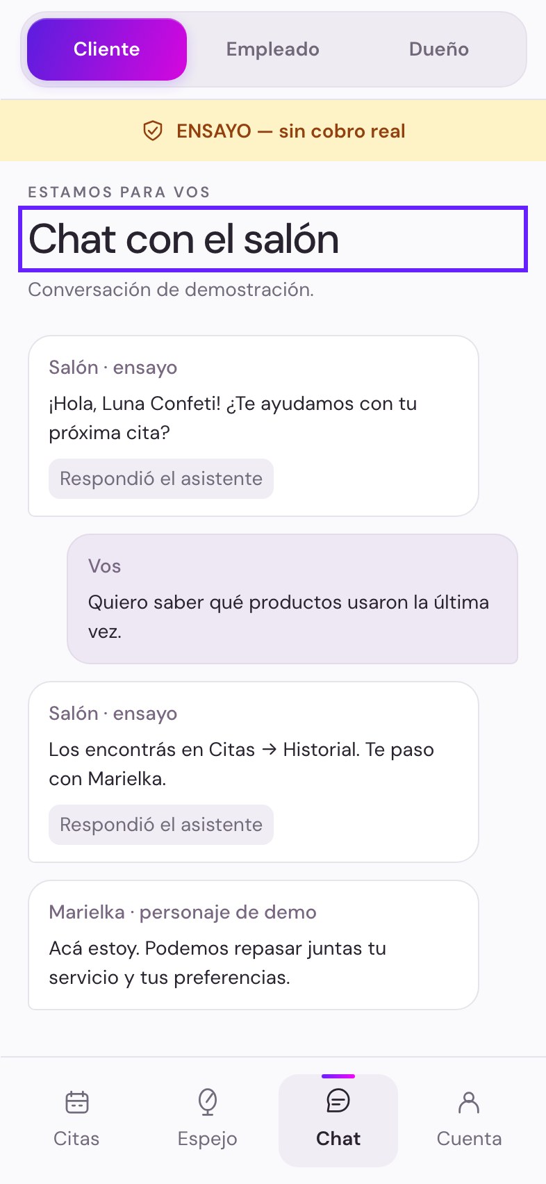 Chat con el salón: conversación de demostración sobre productos y preferencias.
