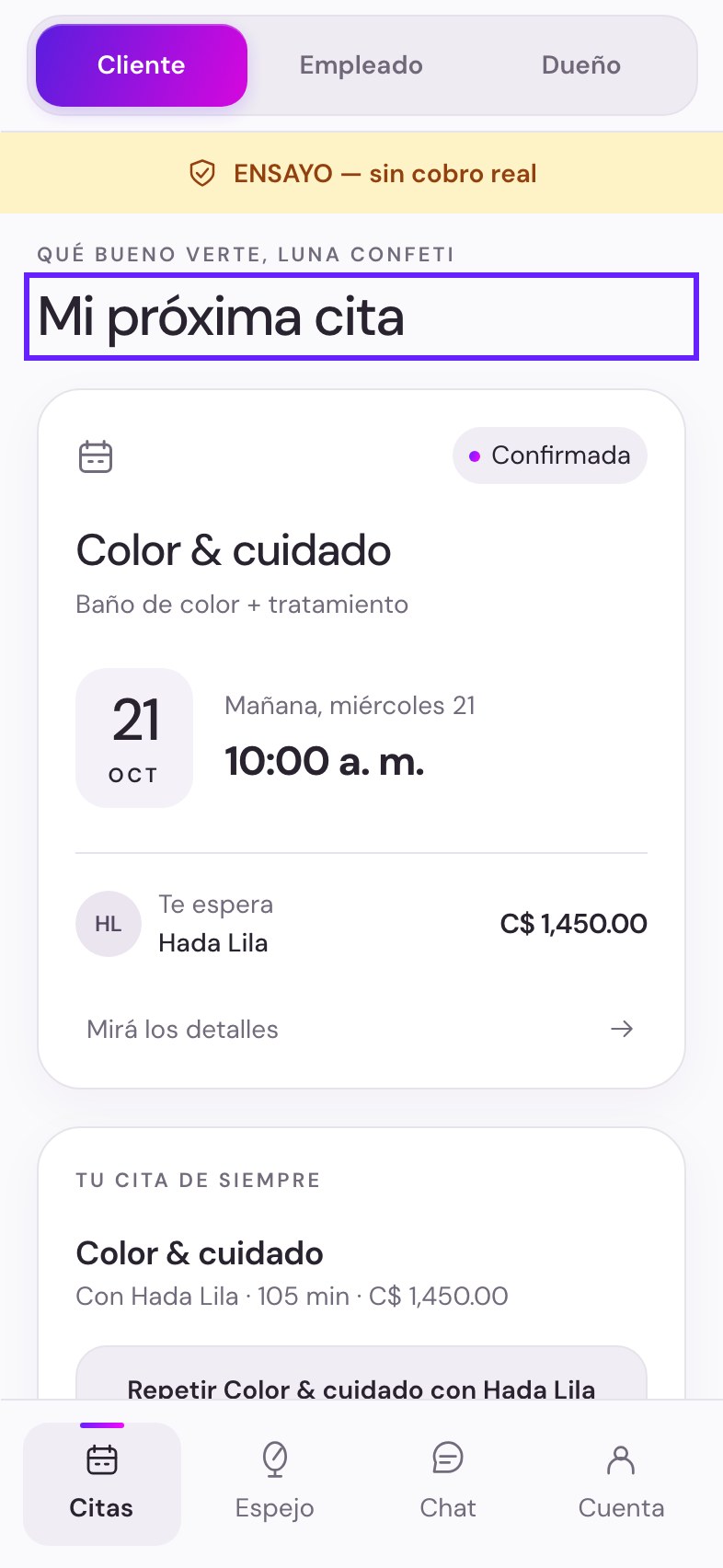 Mi próxima cita: servicio, fecha, hora y estilista en una pantalla de ensayo.