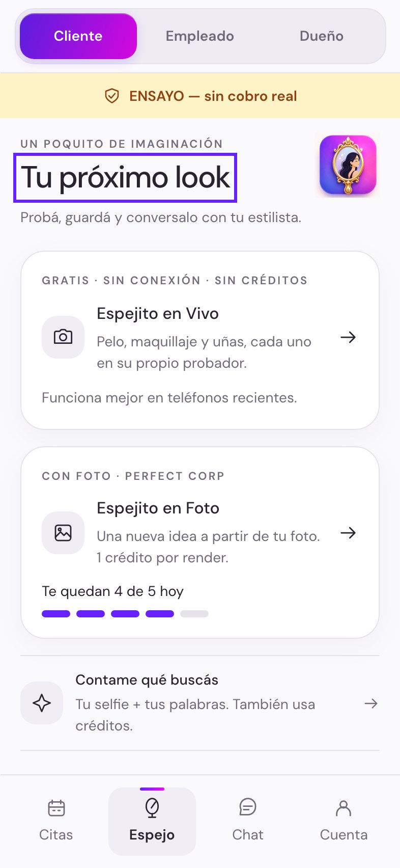 Tu próximo look: probadores Espejito en Vivo y Espejito en Foto.
